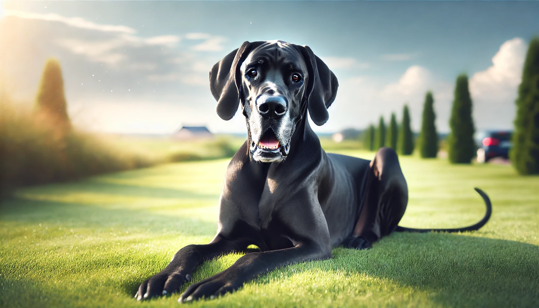 black great dane relaxing in a field