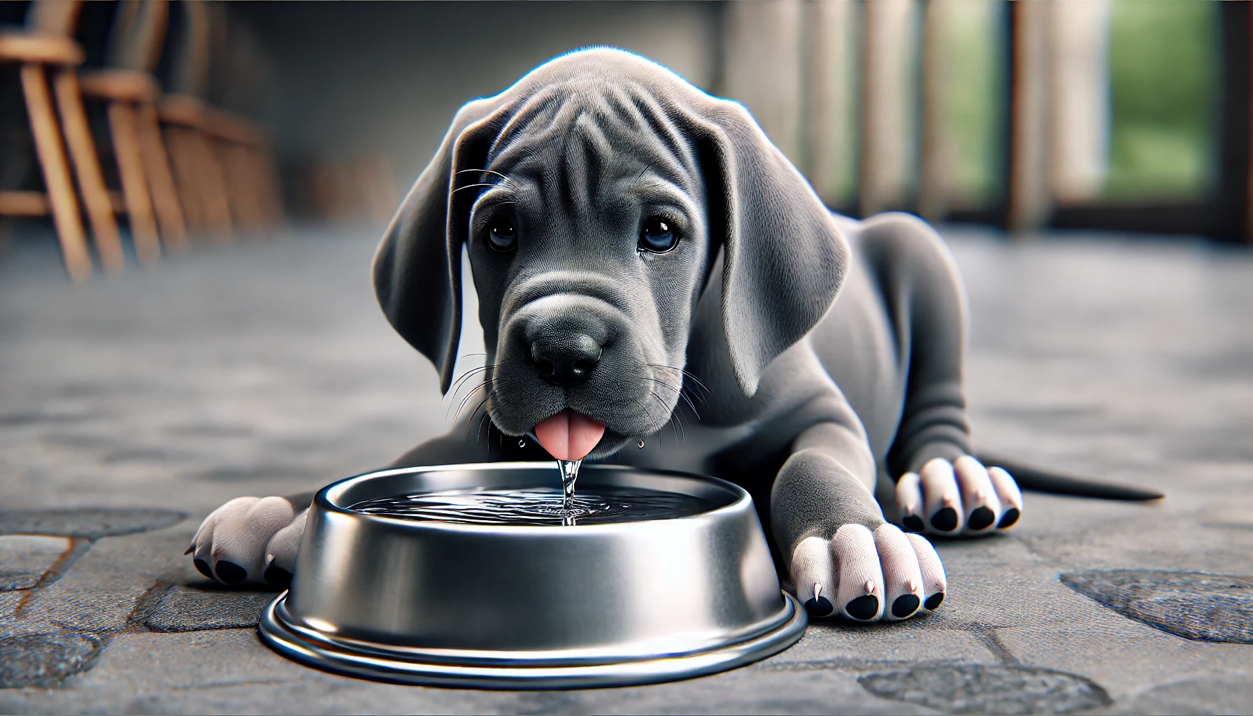 great dane puppy drinking water from water bowl