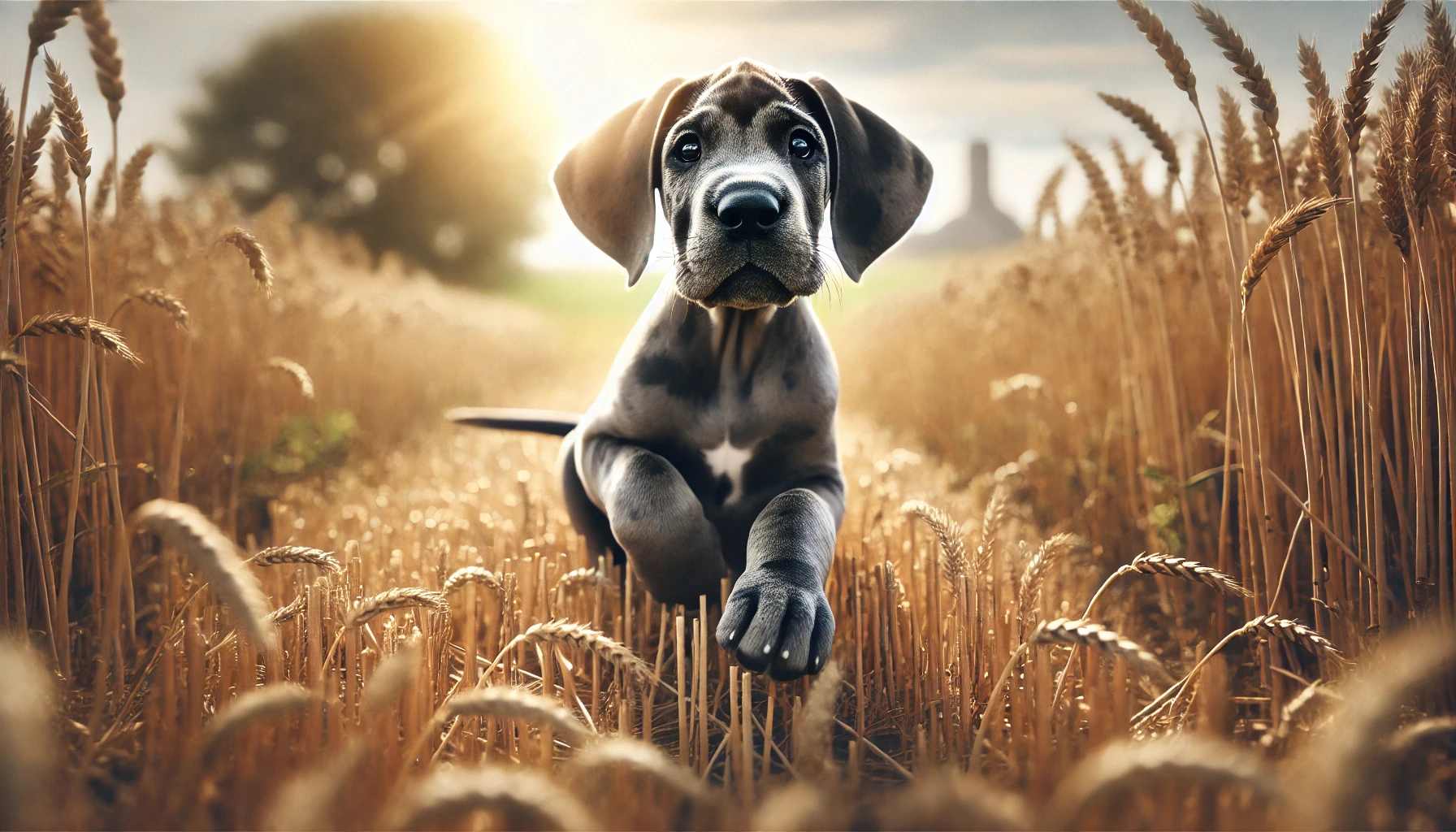 great dane puppy running in a sunny field