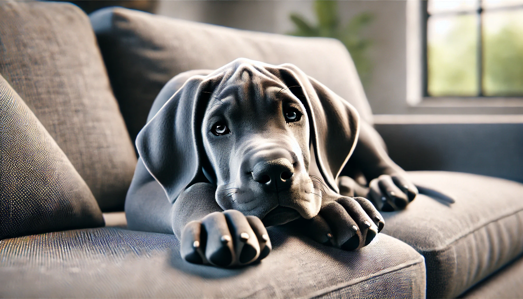 great dane puppy relaxing on a sofa