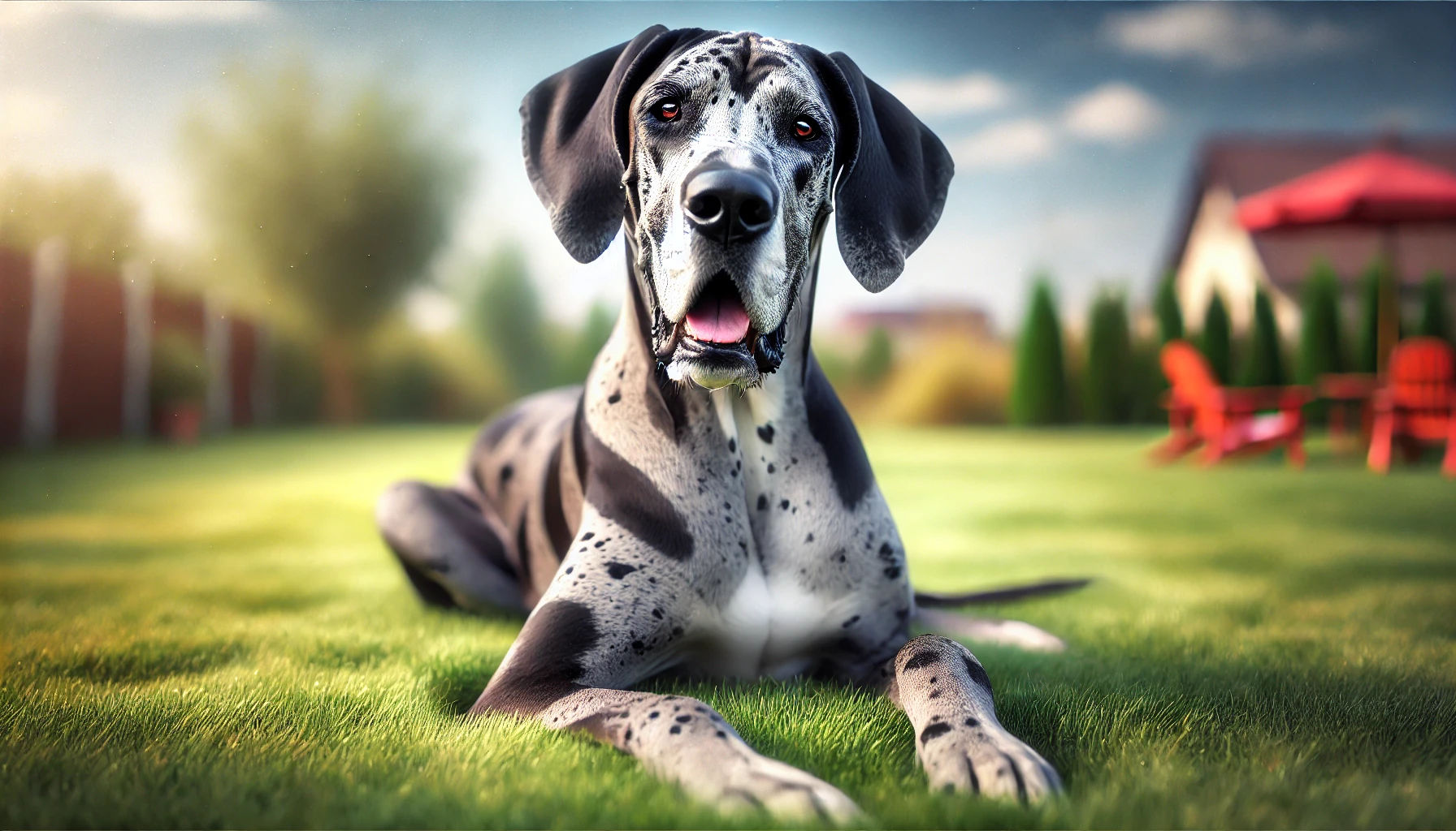 Harlequin Great Dane Laid on the Grass